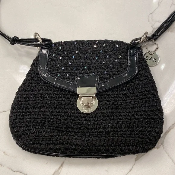The Sak - Woven Crossbody Bag, Black/Iridescent Sequins/Metallic Silver - EUC - Picture 2 of 12
